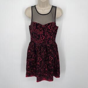 Trixxi Fit & Flare Dress Junior L Red Black Velvet Lace Pattern Sheer Shoulder